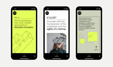 Three vertical smartphone mockups displaying digital brand identity and UI layouts for Pilot44 against a plain background.
