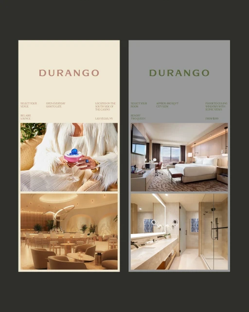 Hotel advertising featuring a cocktail, hotel room, bathroom, and dining area; showcasing Durango's amenities and hospitality.