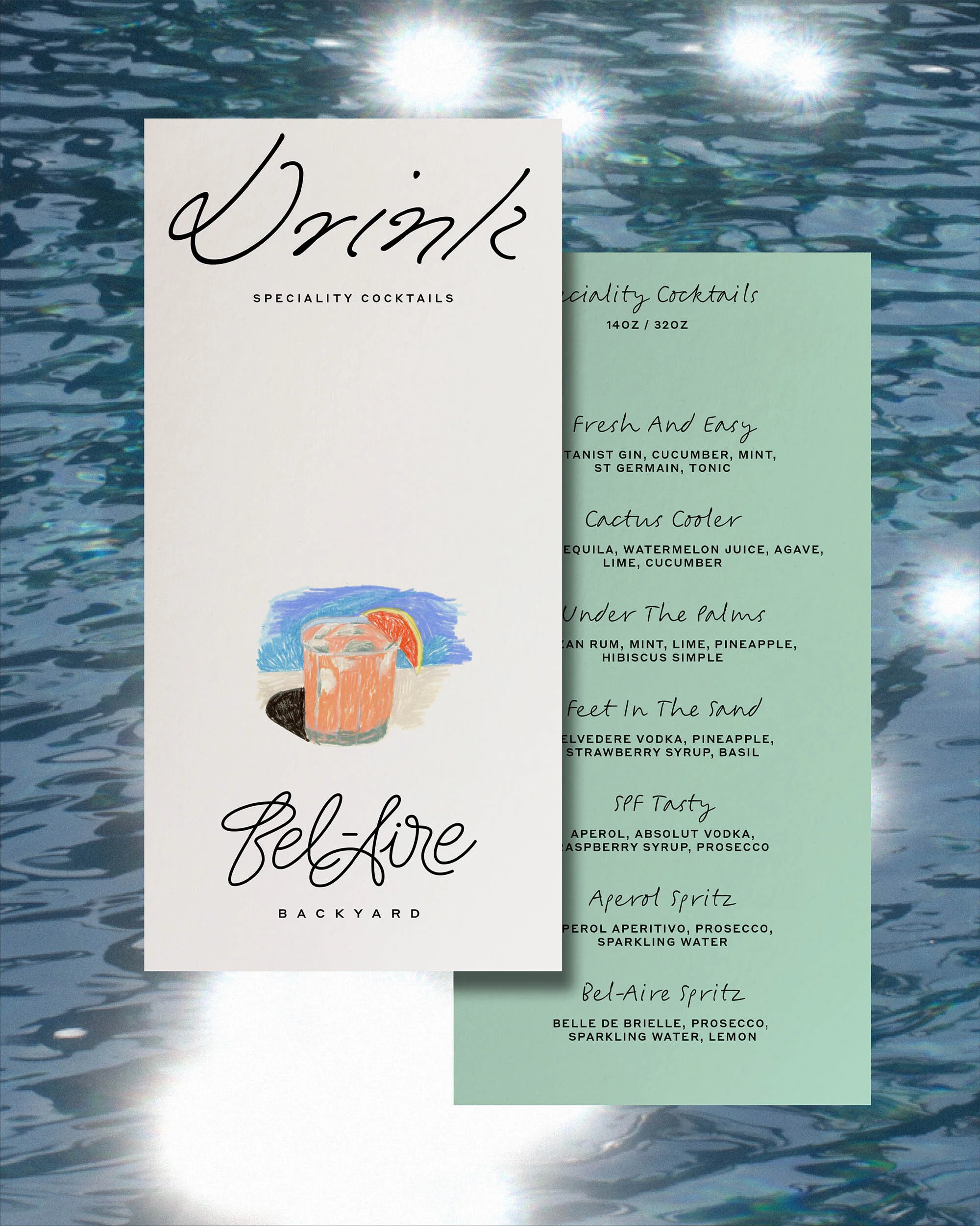 Illustrated cocktail menu featuring drink recipes, presented against a blurred water background, with artistic font and colorful cocktail illustration.
