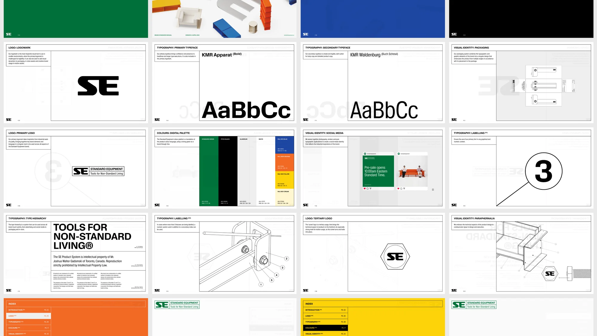 Brand identity presentation slides showcasing logo variations, typography, color palette, and usage guidelines for Standard Equipment.