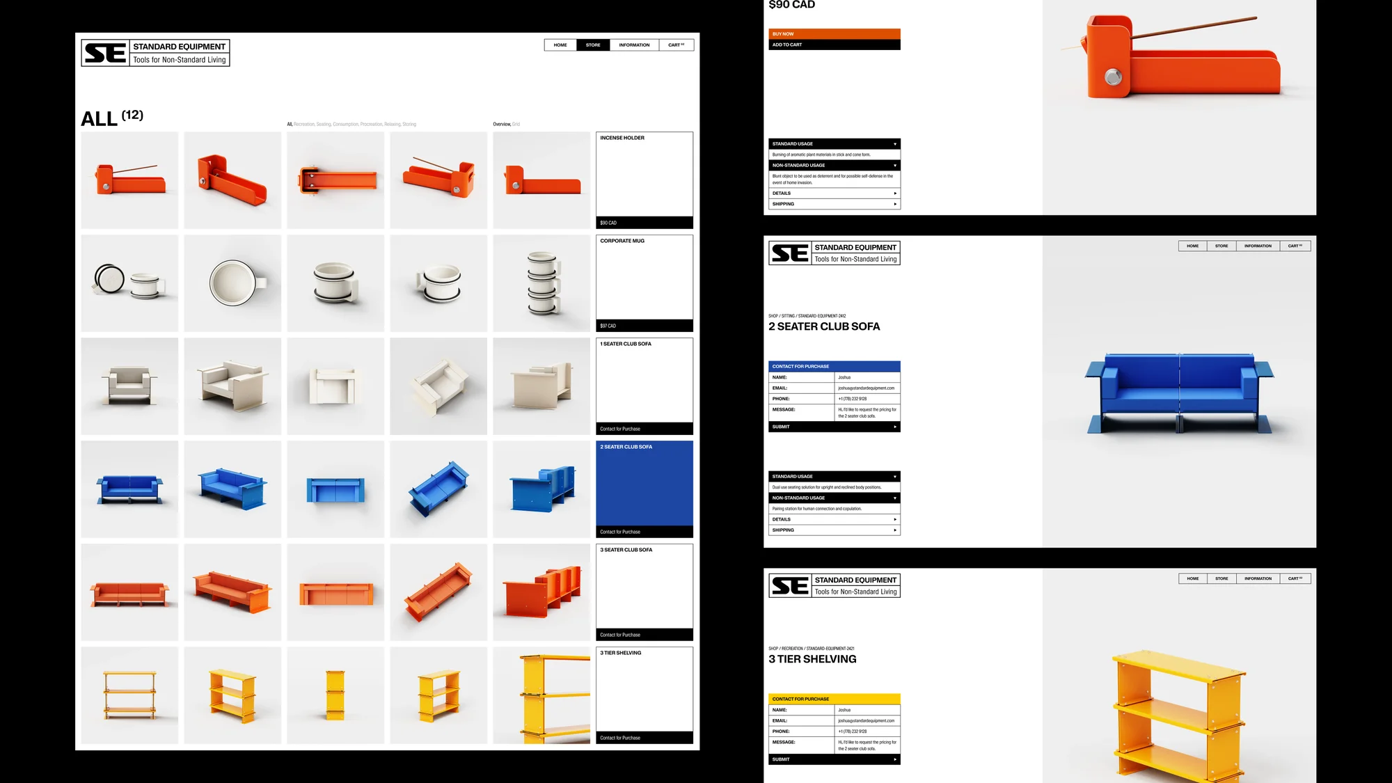 Product catalog featuring orange incense holders, white mugs, cream and blue armchairs, sofas, and yellow shelving units on a white background.