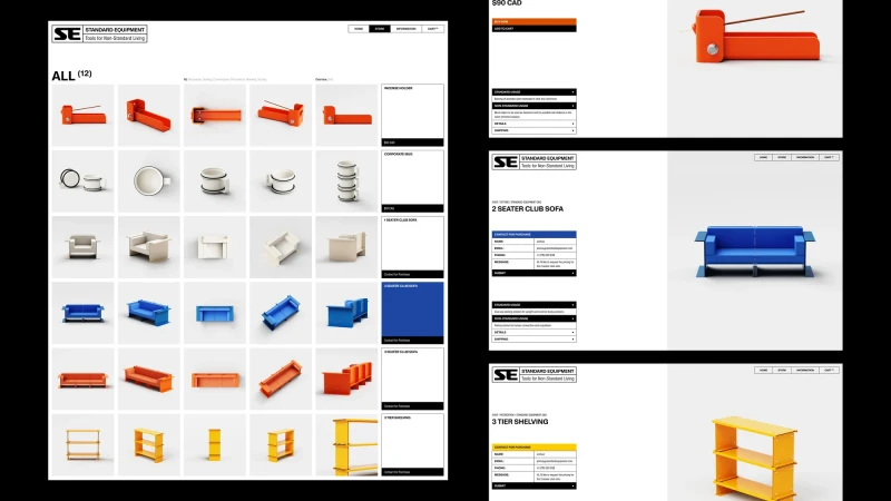 Product catalog featuring orange incense holders, white mugs, cream and blue armchairs, sofas, and yellow shelving units on a white background.
