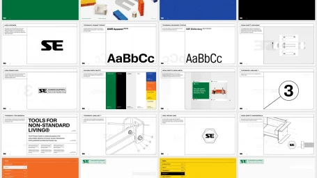 Multi-pane brand identity guidelines presentation layout showcasing logos, typography, color palettes, and packaging designs.