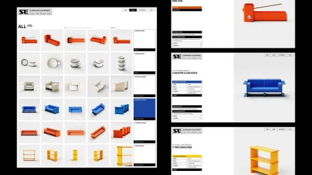Website mockups and product grid for Standard Equipment brand identity showcasing minimalist furniture and home objects