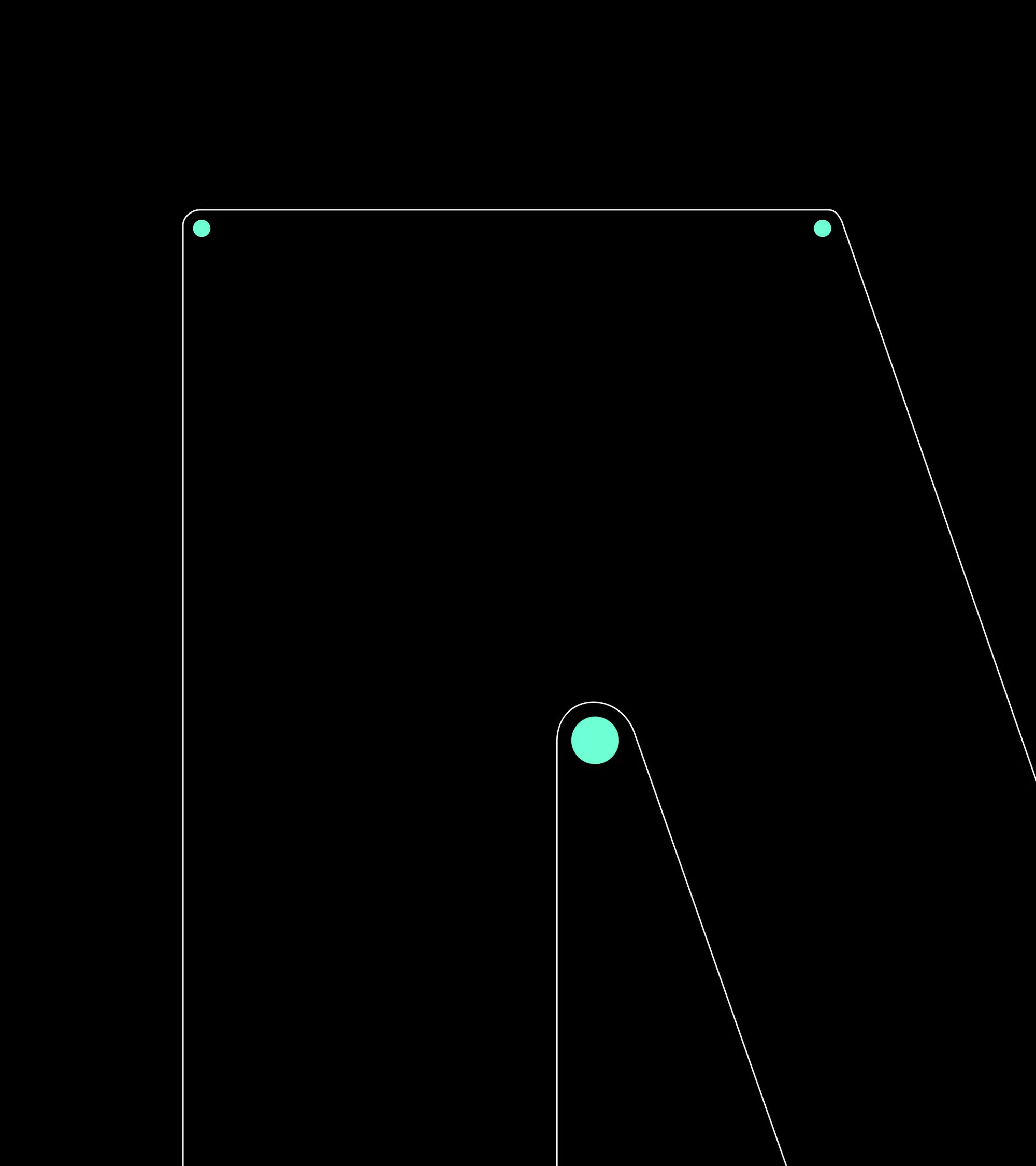 Abstract digital art with simple geometric shapes, white lines, and teal circles against a solid black background, creating a minimalist design.