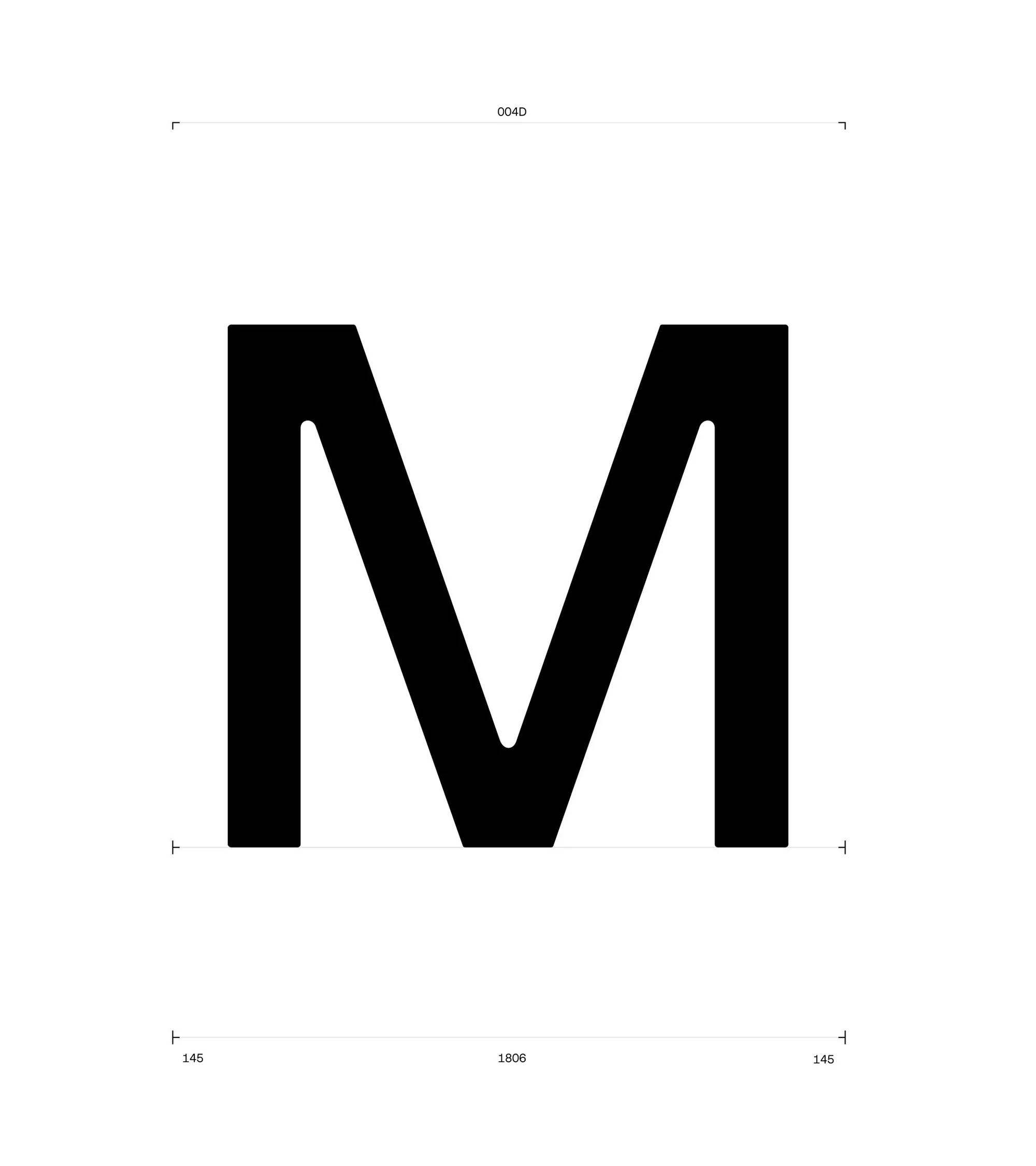 Isolated capital letter M in bold sans-serif font against a stark white background, creating a minimalist, typographic design.