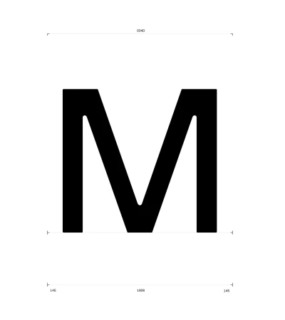 Isolated capital letter M in bold sans-serif font against a stark white background, creating a minimalist, typographic design.