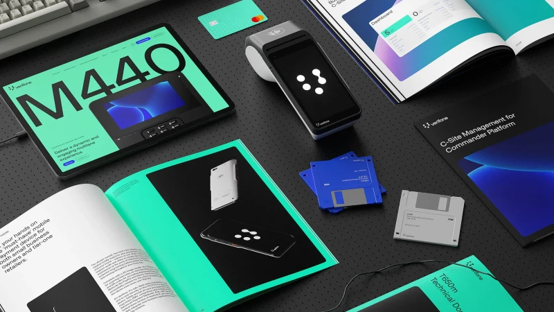 Image featuring Verifone payment technology products including a terminal, tablet, credit card, and printed marketing collateral, all on a textured black surface.