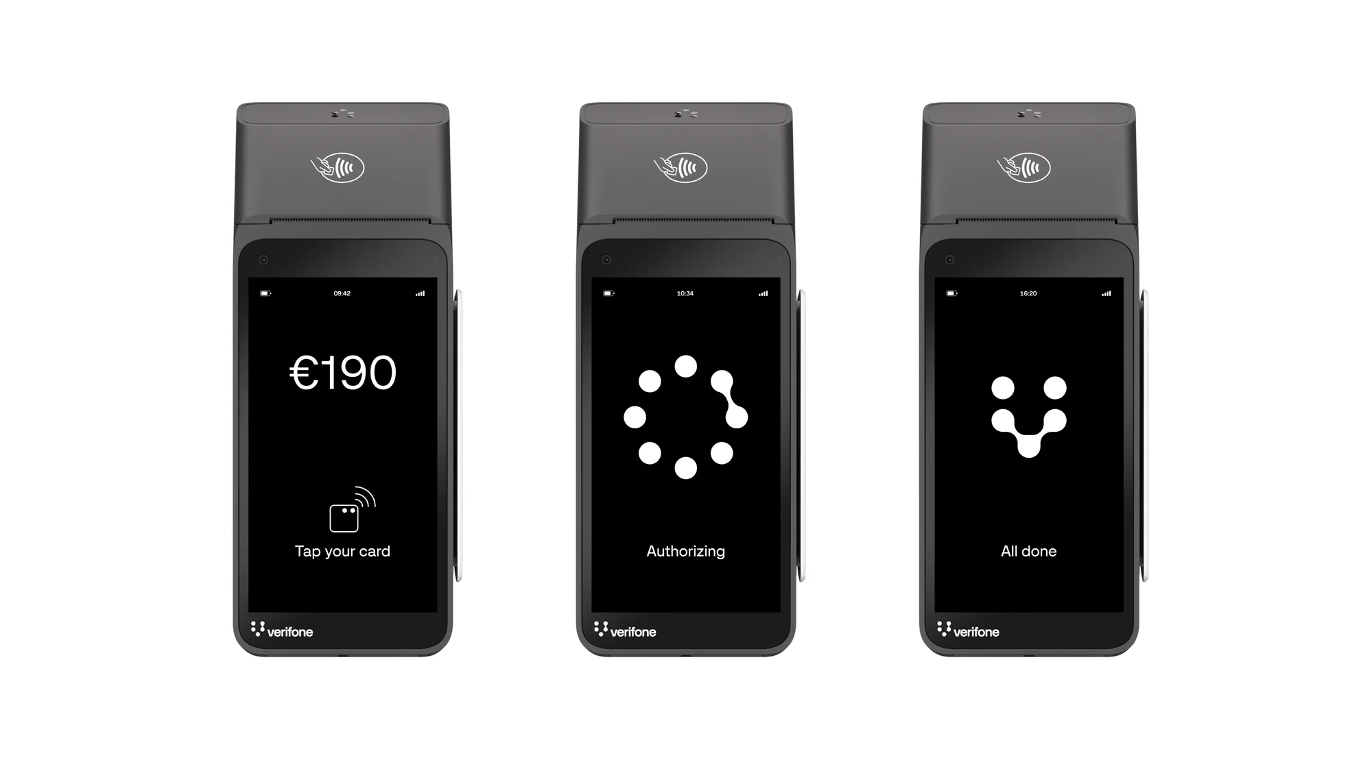 Three Verifone payment terminals showing different transaction stages: amount, authorizing, and confirmation on a white background.