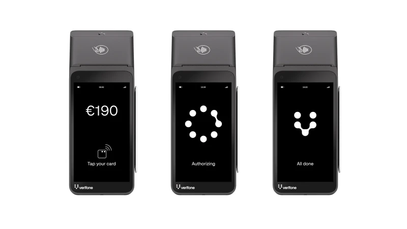 Three Verifone payment terminals showing different transaction stages: amount, authorizing, and confirmation on a white background.
