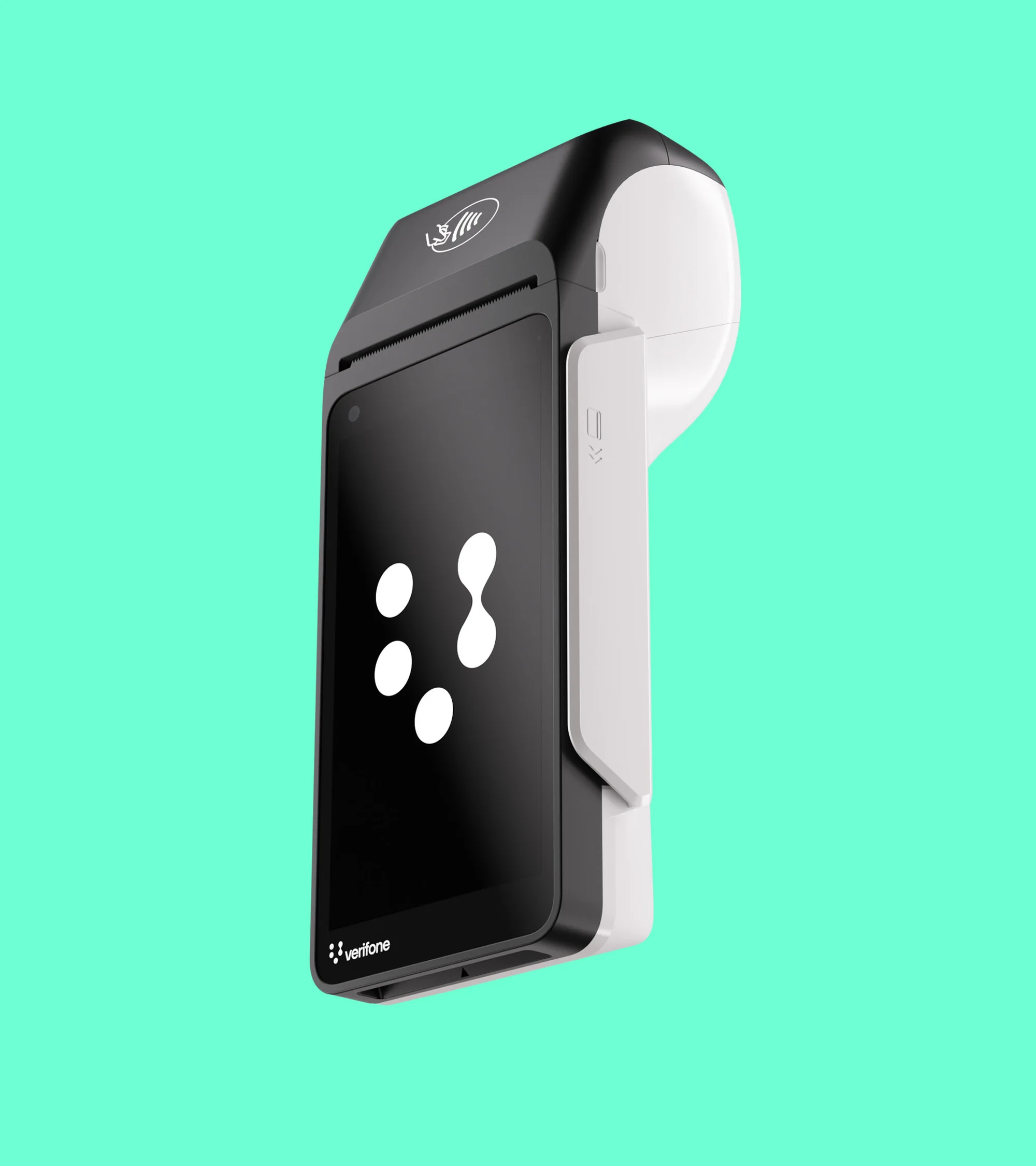 A sleek, modern black and white payment terminal featuring an abstract white logo, set against a vibrant aqua background.