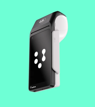 A sleek, modern black and white payment terminal featuring an abstract white logo, set against a vibrant aqua background.