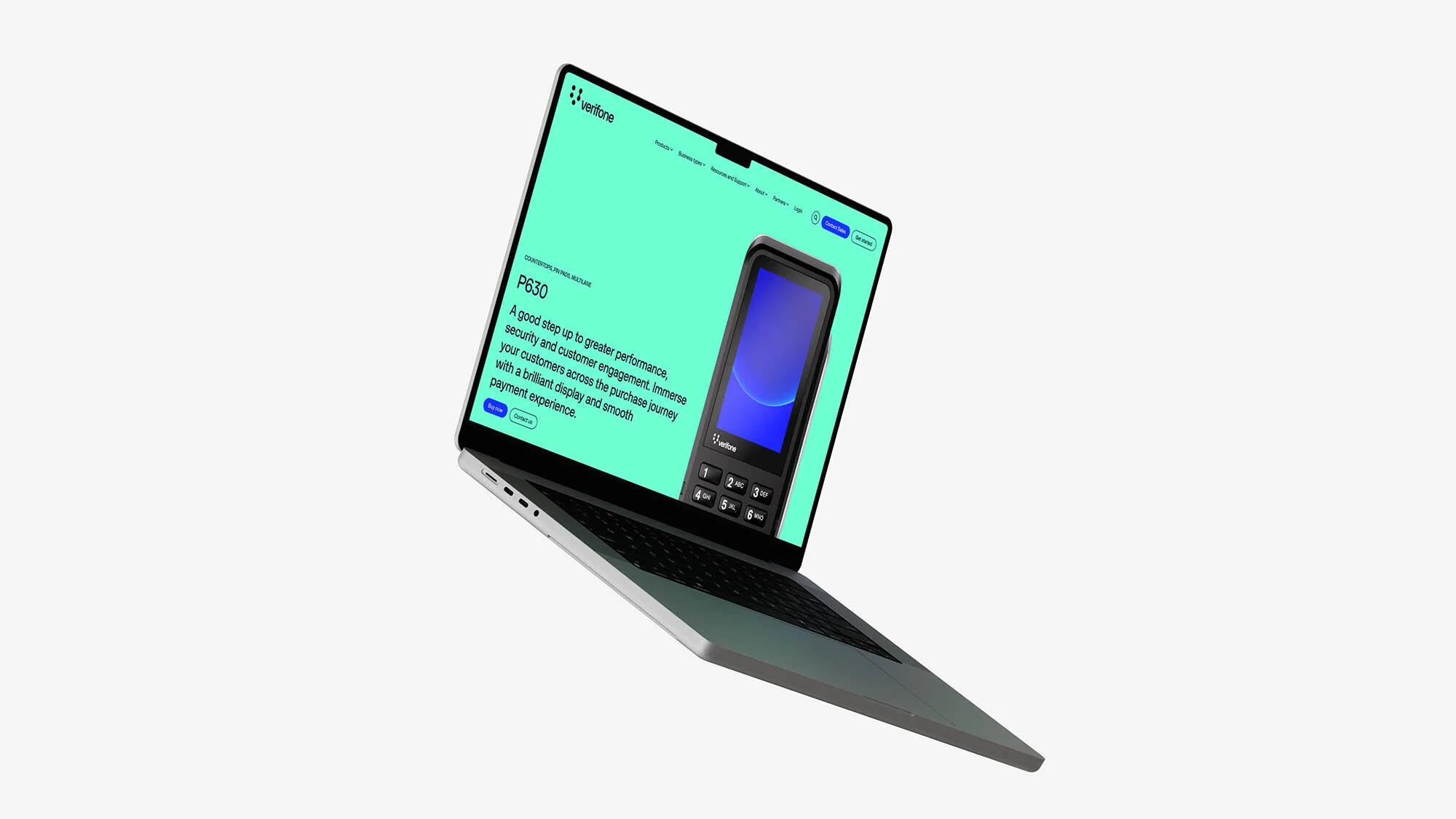 Silver laptop displays a website for Verifone P630, featuring the device. Tech-focused shot on a white background with clear product placement.