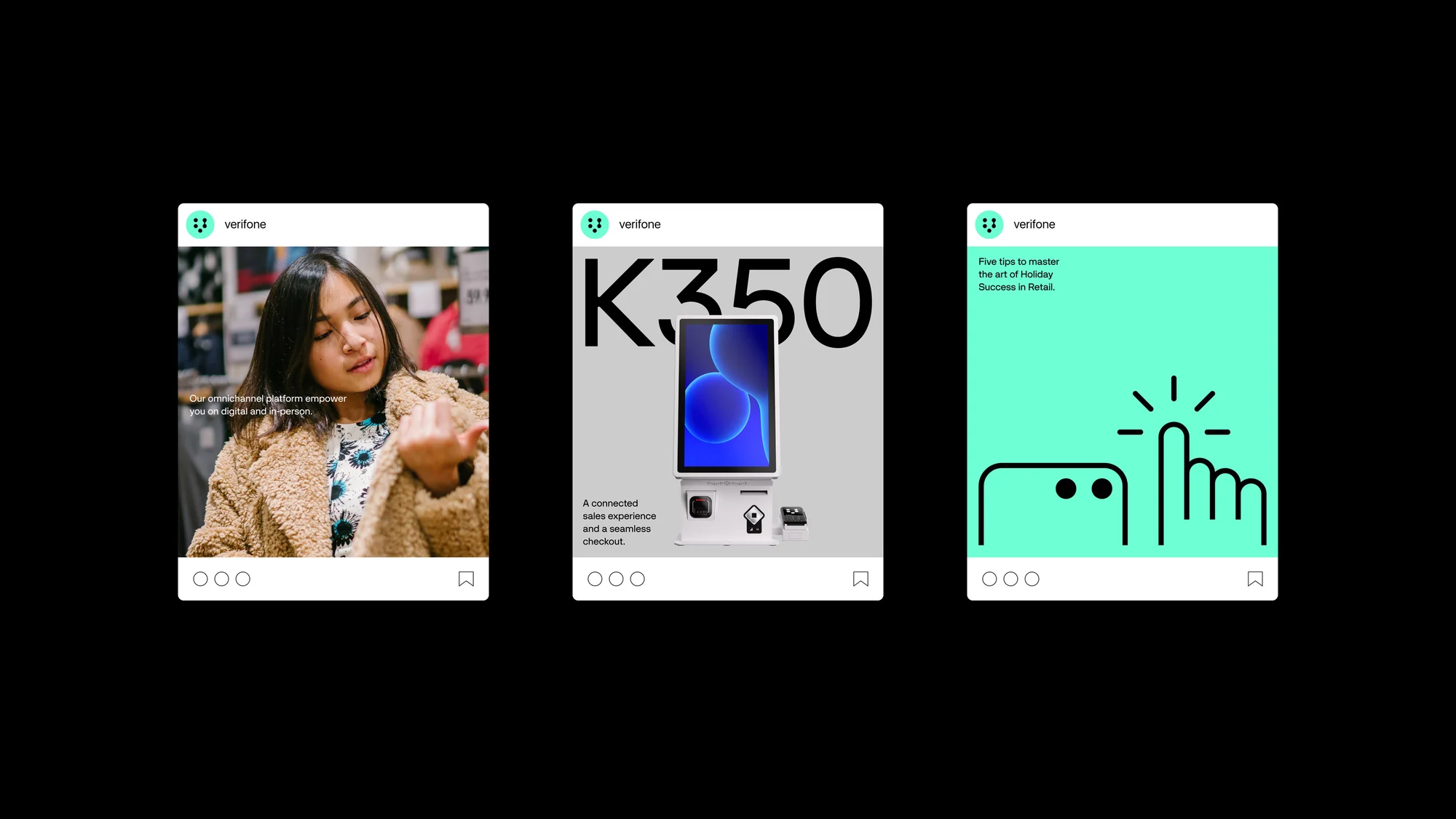 Social media posts for Verifone display an Asian woman, a K350 device, and an illustration on turquoise highlighting retail success.