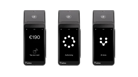 Three Verifone payment terminals displayed against a plain white background showing different screen interfaces