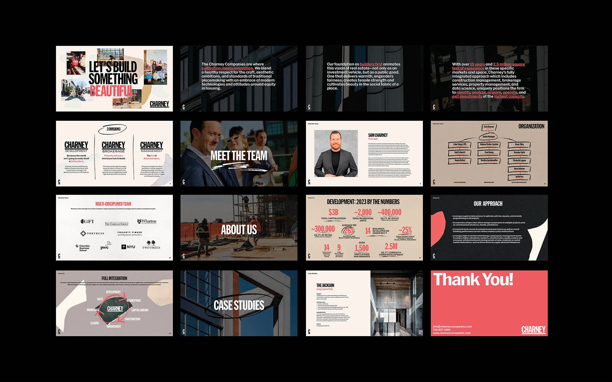 A visual compilation of real estate development and brokerage presentation slides featuring property data, team introductions, and project case studies.