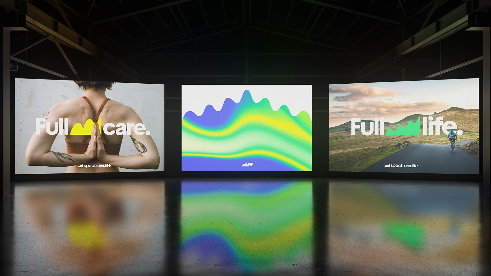 Three monitors display wellness and outdoor themes in a dark space, promoting a sense of health and vitality through visuals and minimalist text.
