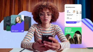 Woman in striped sweater holding a smartphone surrounded by floating app interface cards on a purple and pink background