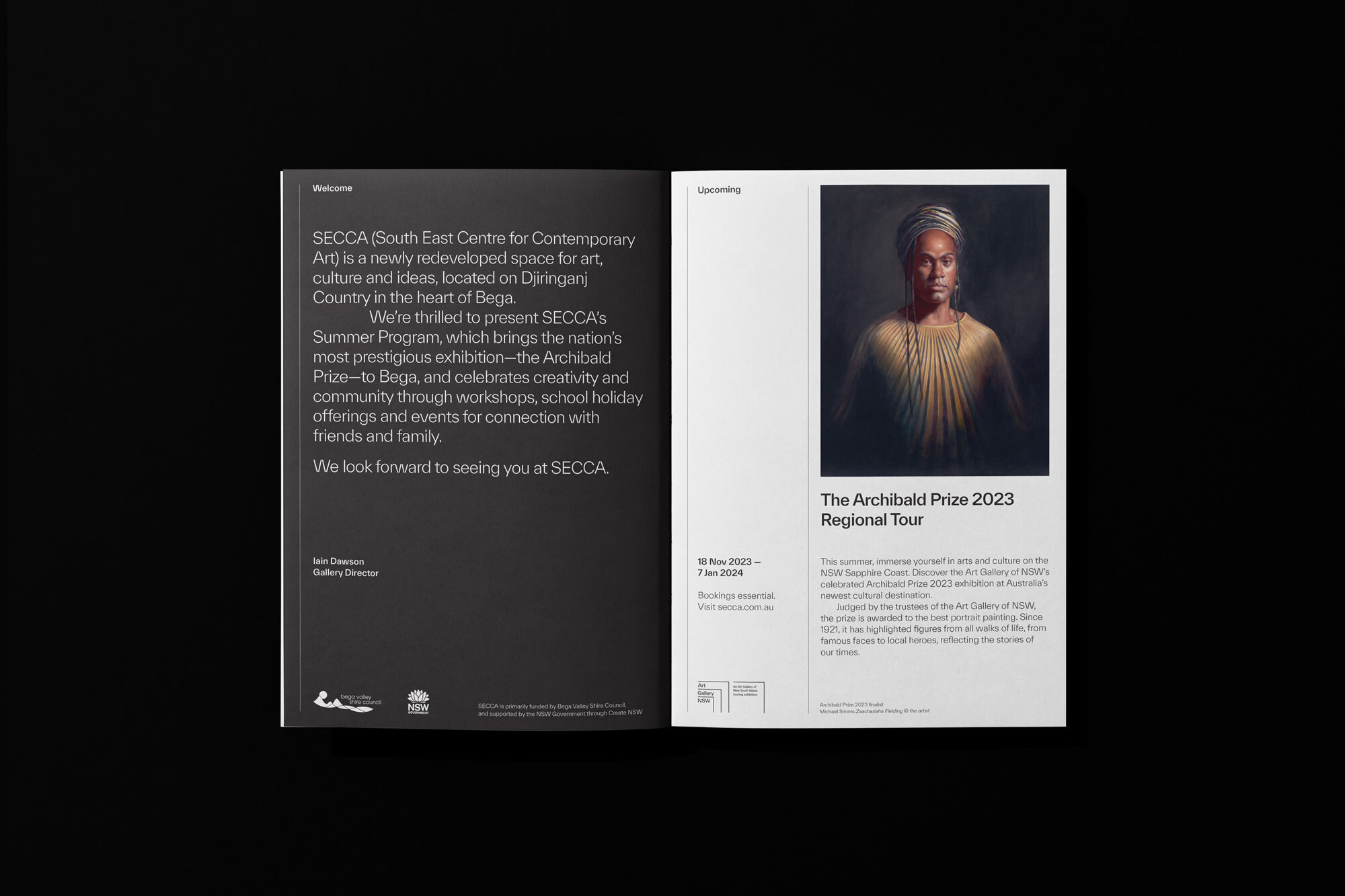 Art exhibition promo featuring a portrait of an African woman; brochure open on a black background; promoting the Archibald Prize 2023 Regional Tour.