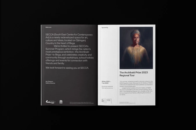 Art exhibition promo featuring a portrait of an African woman; brochure open on a black background; promoting the Archibald Prize 2023 Regional Tour.