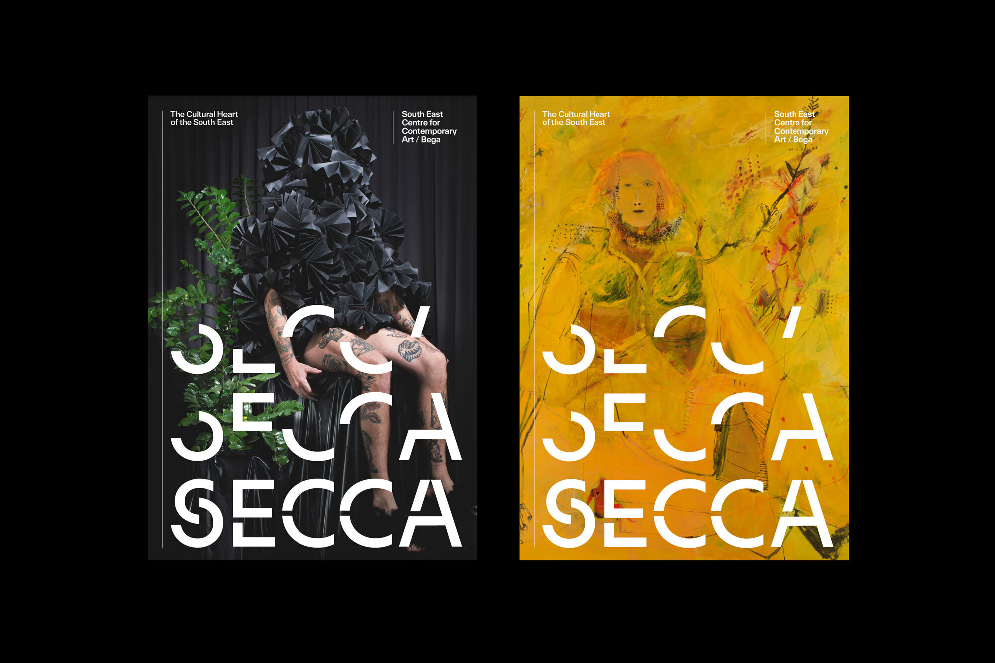 Two art posters, one with a person in a black dress, the other a yellow painting. They both have "SECCA" in white letters.