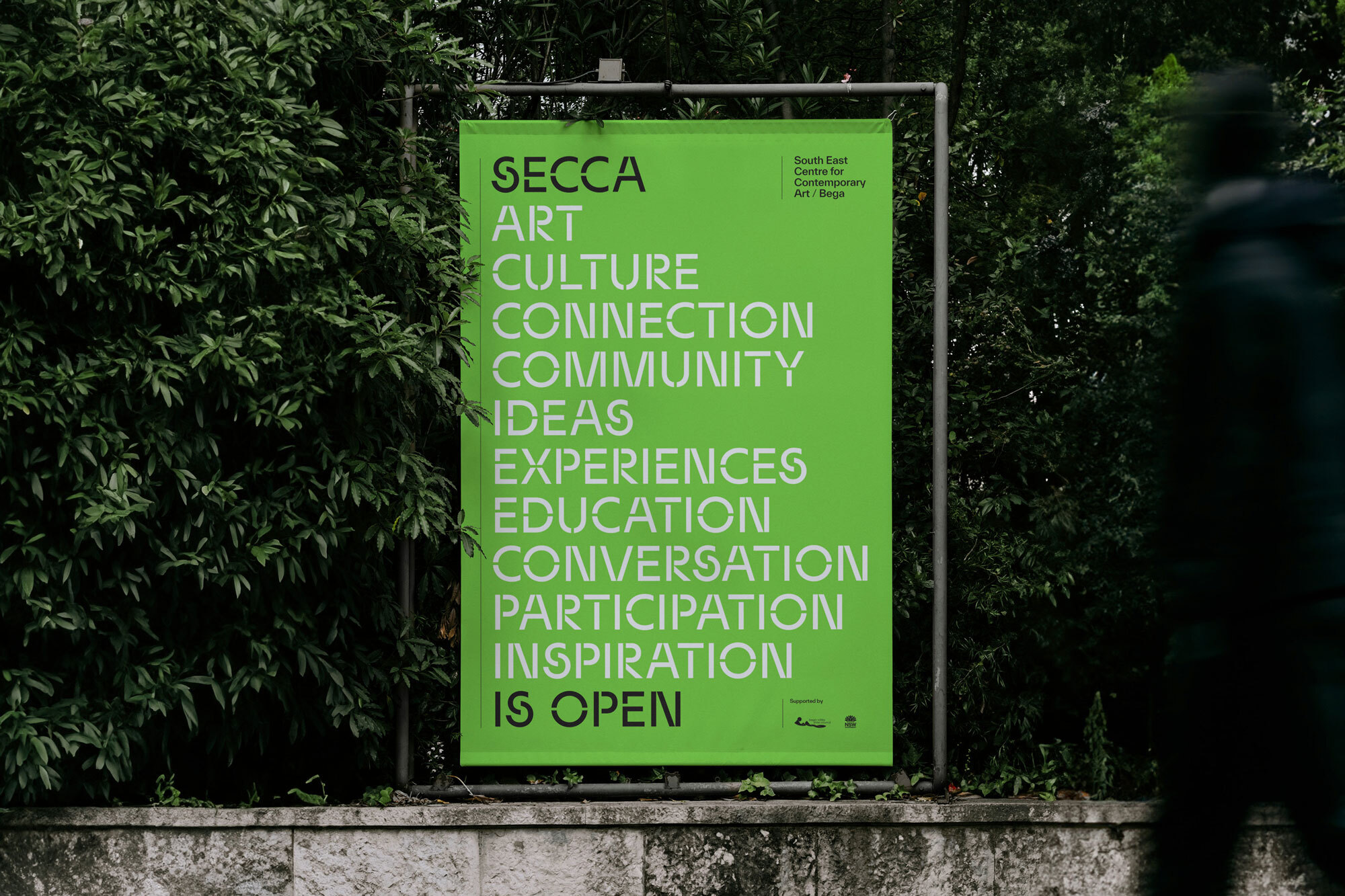 SECCA (South East Centre for Contemporary Art / Bega) poster with art, culture, connection, community, ideas, experiences, education.