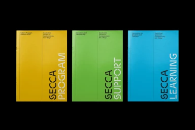 Three colorful brochures featuring bold typography against a solid black background, designed for SECCA brand identity project.