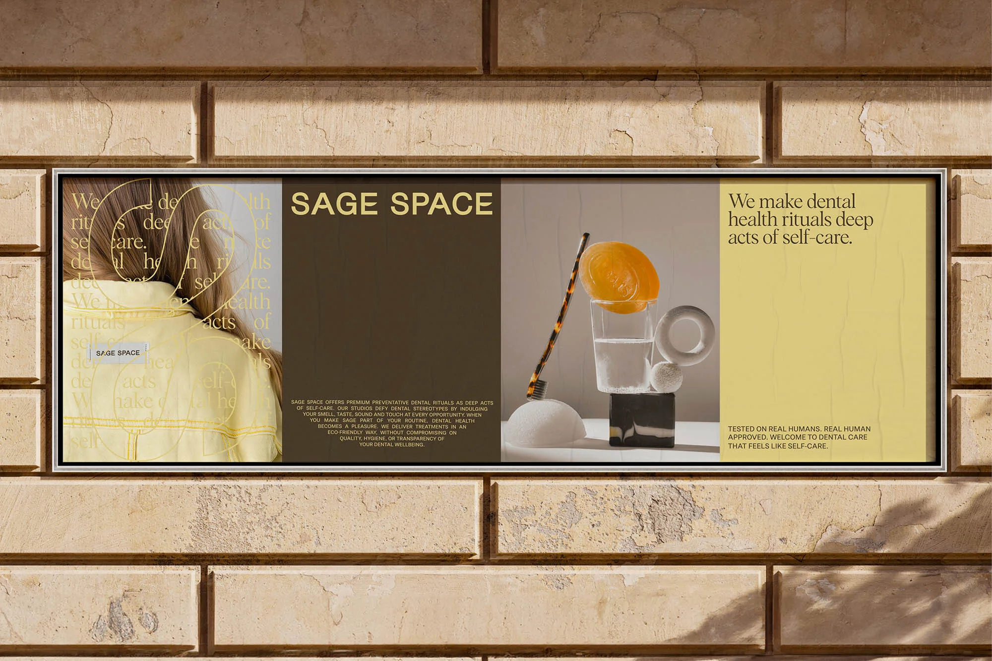 Studio shot of Sage Space dental health advertisement on brick wall, featuring person's back, dental care products, and brand messaging.