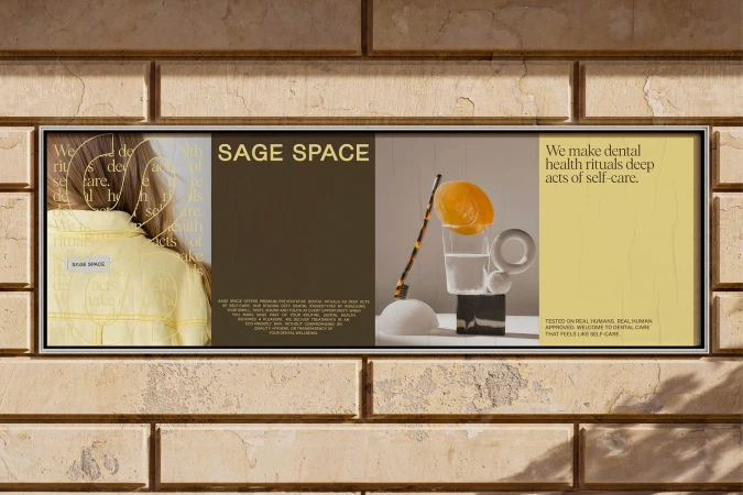 Studio shot of Sage Space dental health advertisement on brick wall, featuring person's back, dental care products, and brand messaging.