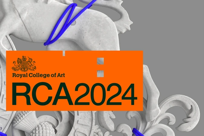 Orange Royal College of Art RCA2024 sign in front of a white horse statue and blue string, with a gray background. Modern and artistic.