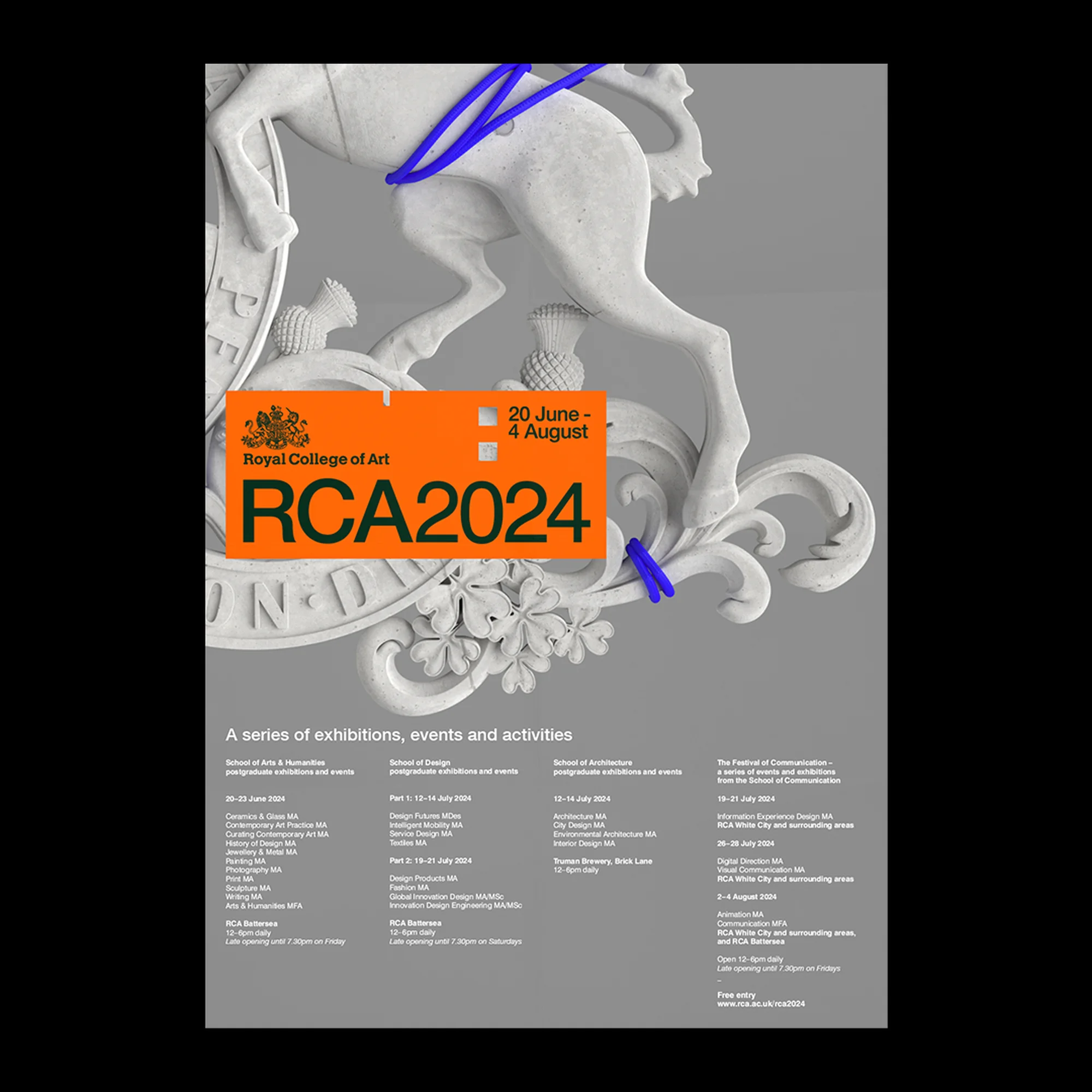 Royal College of Art poster featuring a white sculpted horse on gray, advertising RCA2024 exhibitions and events from June 20–August 4.