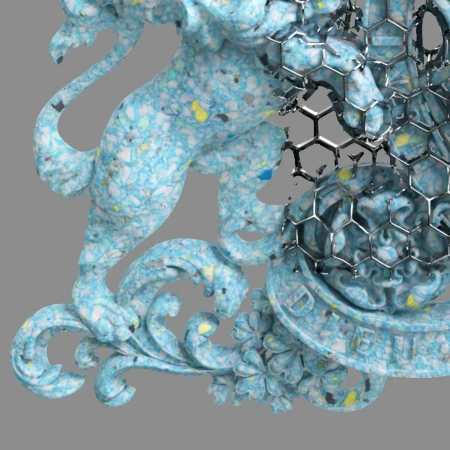 Digitally rendered sculpture of a lion with a geometric metal cage surrounding a ball on a grey background showcases artistry.