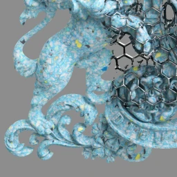 Close-up 3D render of an ornate blue speckled sculptural crest with metallic honeycomb patterns against a solid grey background