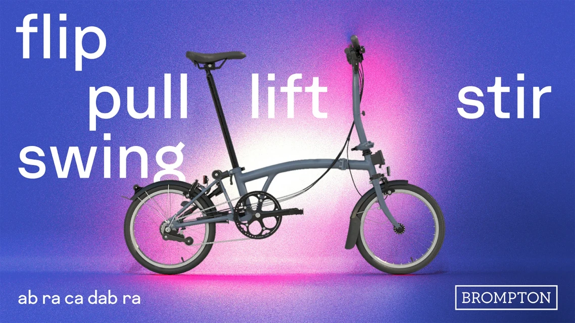 Studio shot of a Brompton folding bicycle against a purple gradient background, featuring action-related words and the Brompton logo.