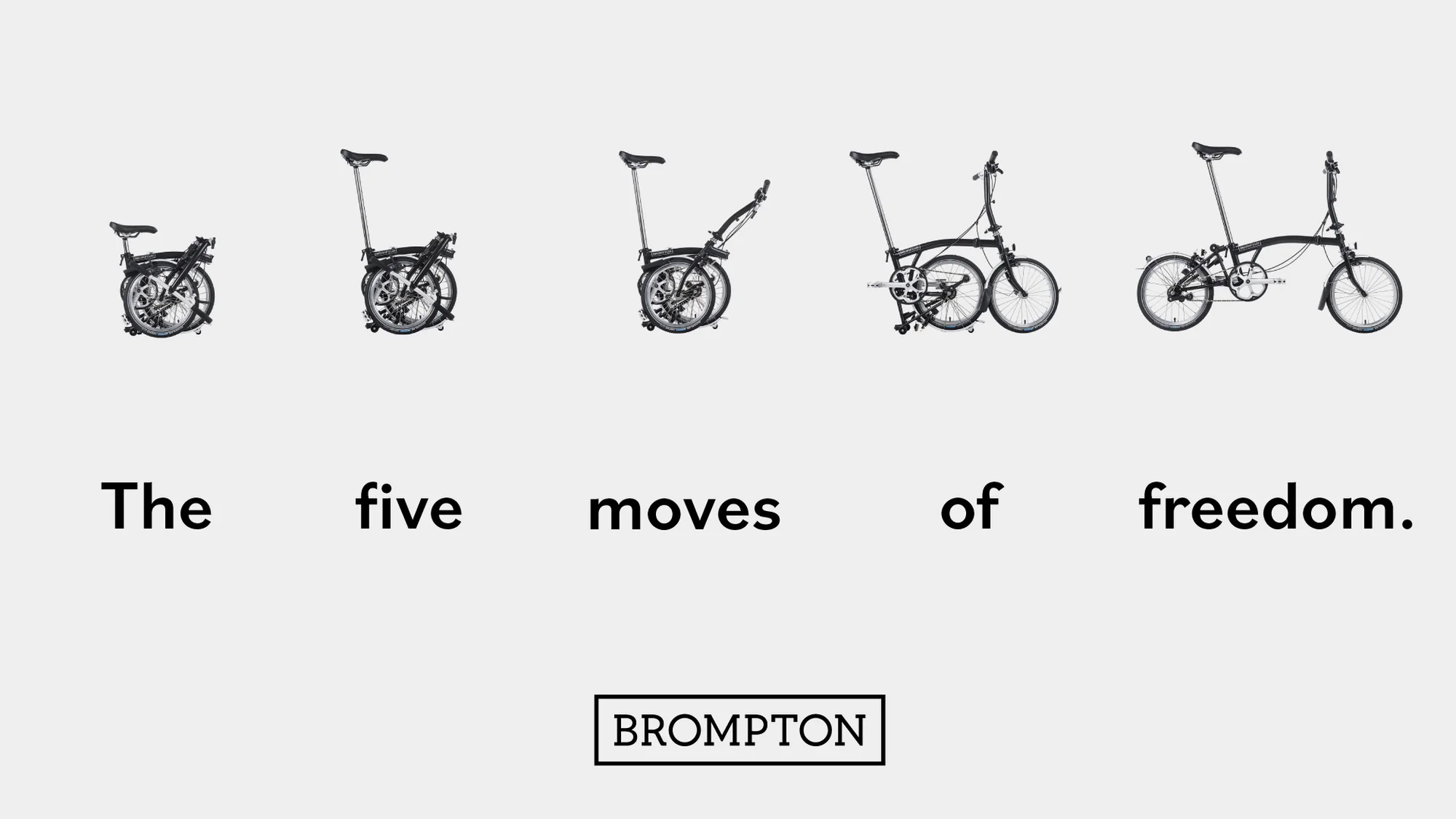 Five folding bikes by Brompton showcase the evolution of the folding process against a solid white background with brand text below.