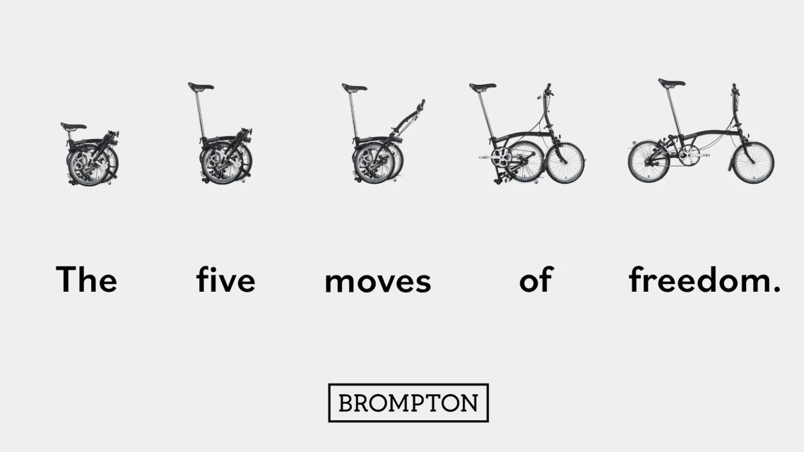 Five folding bikes by Brompton showcase the evolution of the folding process against a solid white background with brand text below.