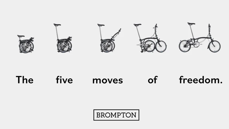 Five folding bikes by Brompton showcase the evolution of the folding process against a solid white background with brand text below.