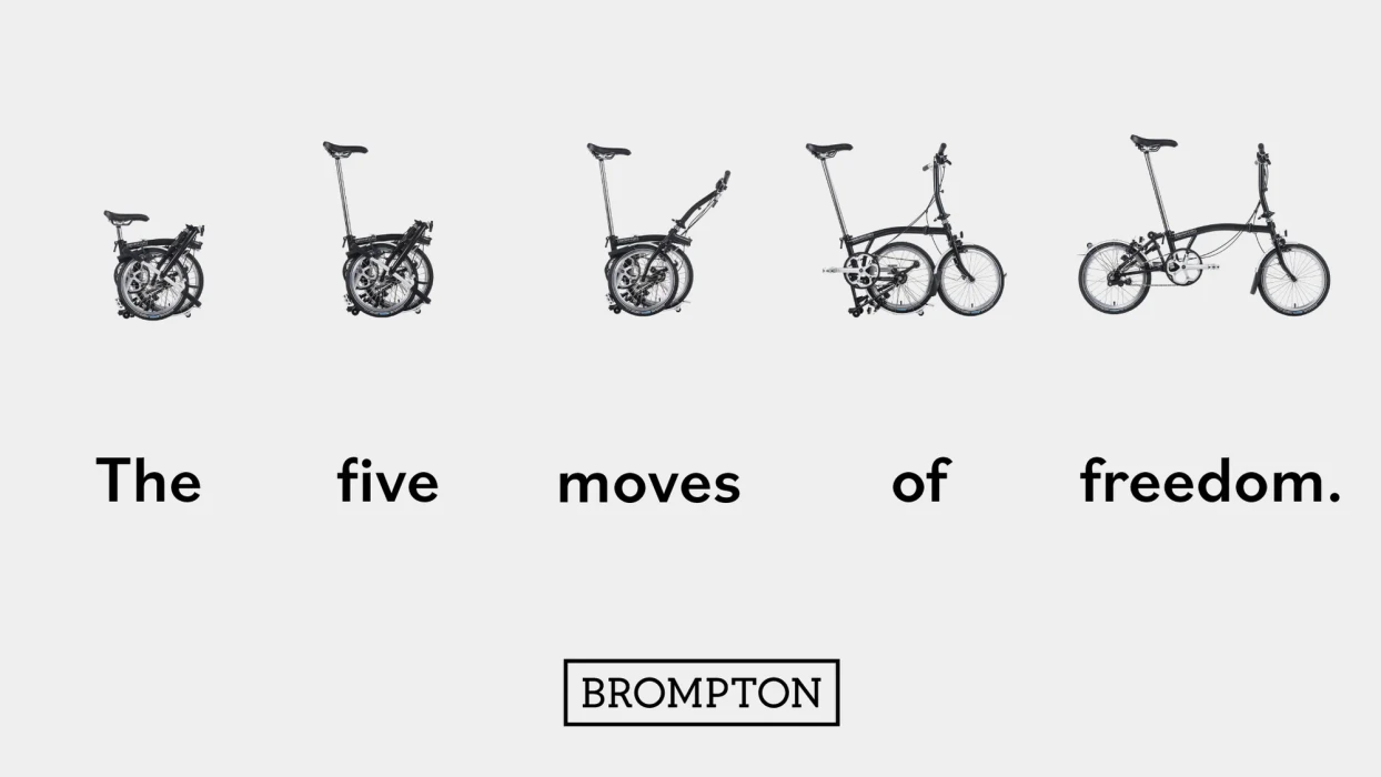 A sequence of five steps illustrating the folding process of a black Brompton bicycle against a light grey background.