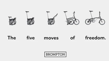 A sequence of five steps illustrating the folding process of a black Brompton bicycle against a light grey background.