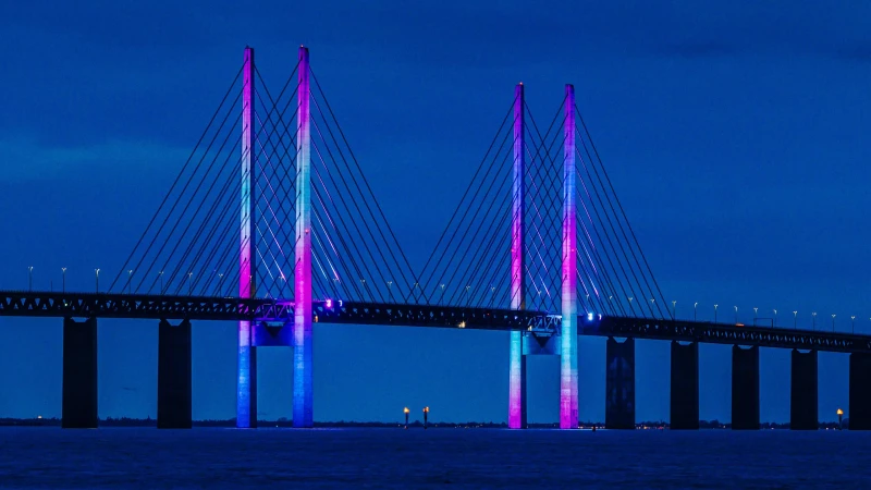 A long cable-stayed bridge spans a waterway at night, illuminated with blue and pink lights on its towers, set against a dark blue sky.