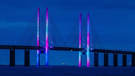 Cable-stayed bridge lit with vibrant pink and blue vertical lights at twilight over dark water