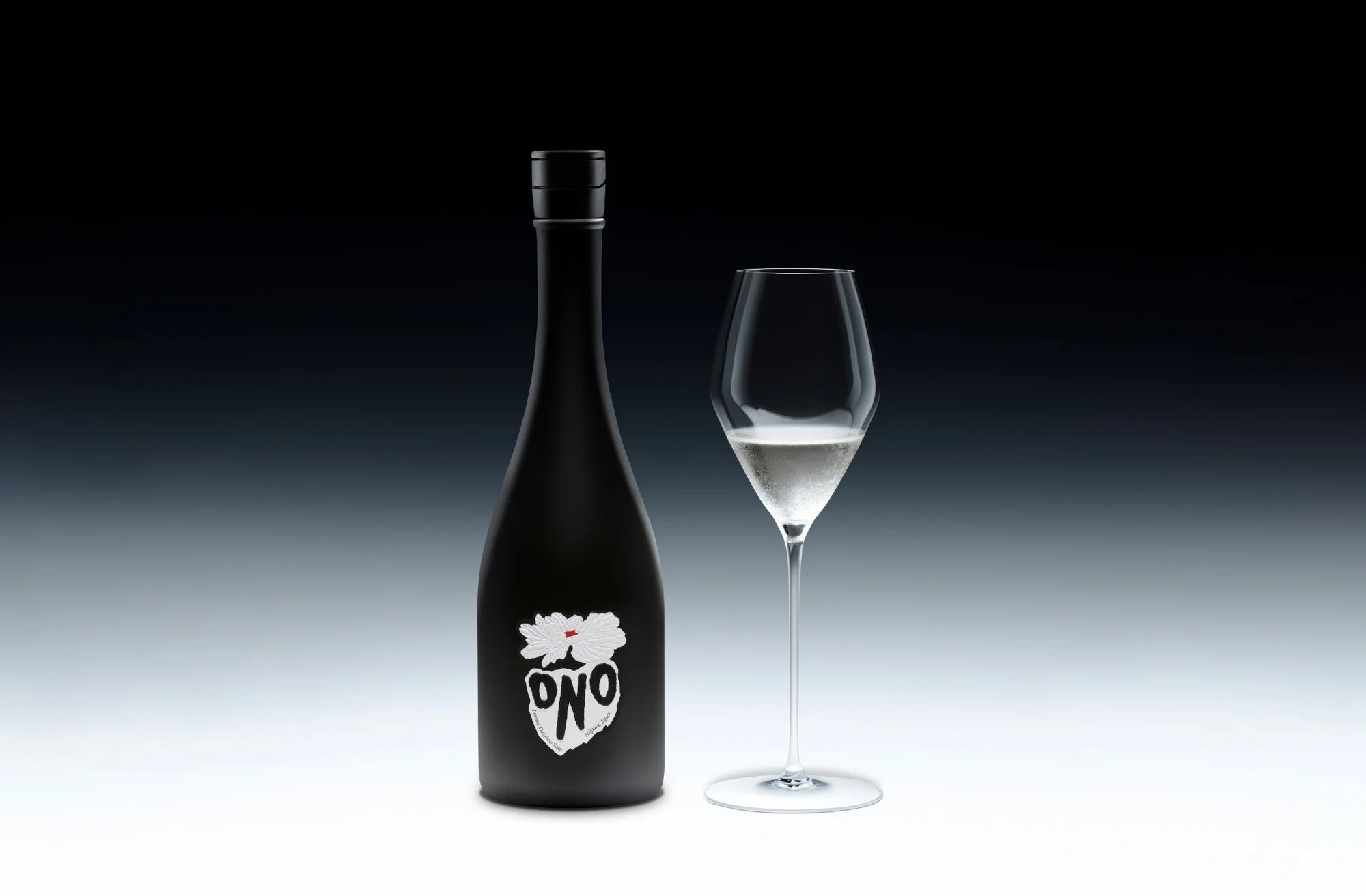 Elegant image: a sleek black wine bottle stands beside a refined stemmed glass, both containing a clear, light-colored liquid against a graduated background.
