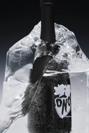 Black bottle encased in ice, showing logo details, set against a dark gradient background. Studio shot with focus on product presentation.