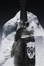 Black Sake Ono bottle partially encased in clear melting ice against a dark gradient background