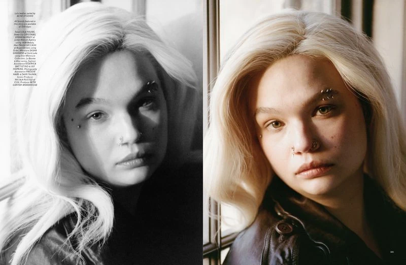 Split image: close-up portrait of a young fair-skinned woman with bleached hair, nose ring, and eyebrow piercings; studio-lit fashion.