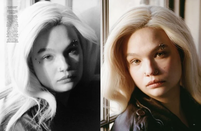 Split image: close-up portrait of a young fair-skinned woman with bleached hair, nose ring, and eyebrow piercings; studio-lit fashion.