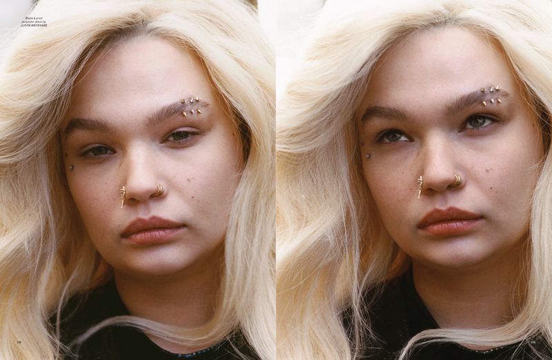 Close-up of a woman with blonde wavy hair, distinctive eyebrow piercings, and nose rings in a double portrait style fashion image.