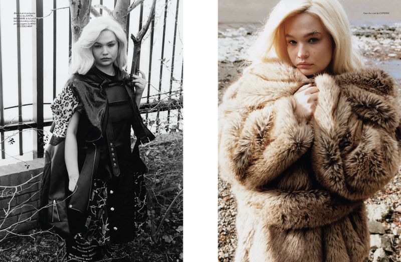 Fashion editorial featuring an adult female model in a furry coat on a rocky beach and another shot with a coat and fence background.