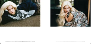 Editorial spread featuring a blonde woman wearing a patterned jumper and printed dress shot by Gwenaelle Trannoy for Pop Magazine.