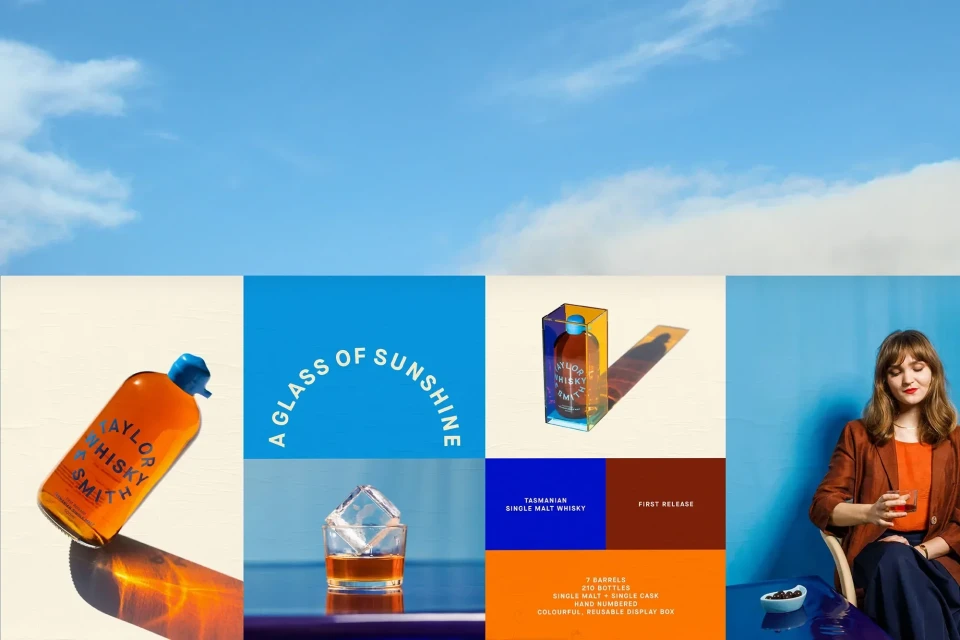 Product shot collage of Tasmanian single malt whisky, featuring bottle, glass with ice, woman holding glass, and bright, graphic elements.